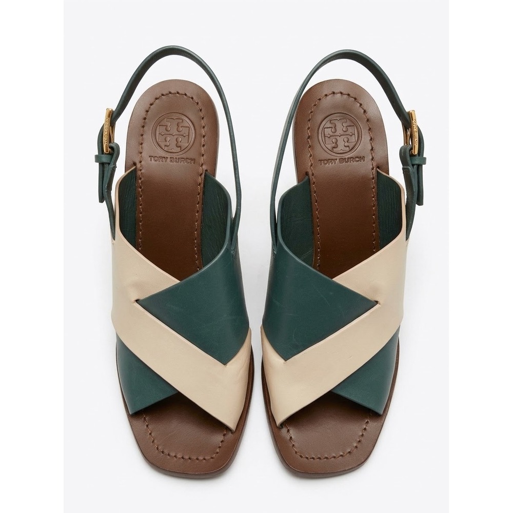 Tory Burch Womens 8M Slingback Block Heel Sandal Leather Green Cream 51148600